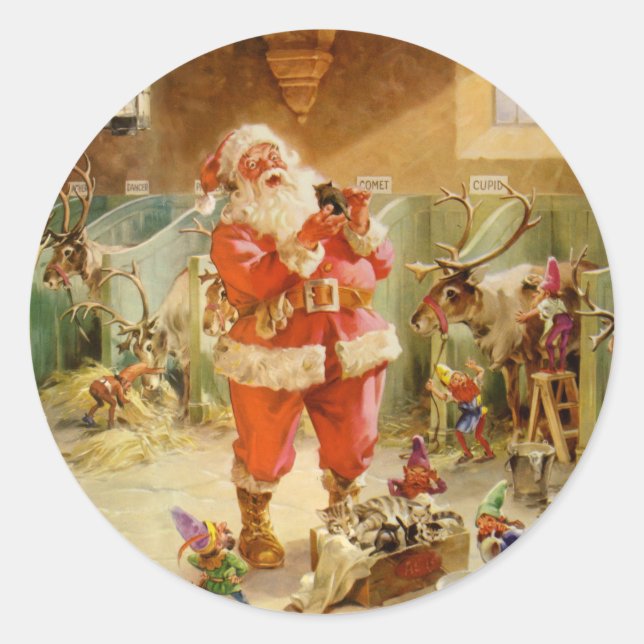 Santa Claus in the North Pole Reindeer Stables Classic Round Sticker (Front)