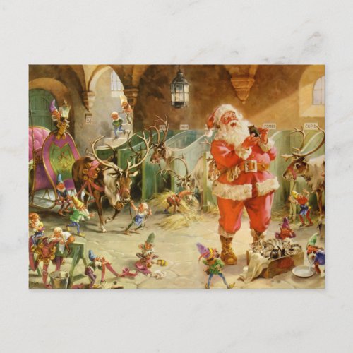 Santa Claus in the North Pole Reindeer Stables Holiday Postcard
