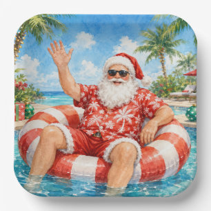 SANTA CLAUS in the pool at the Beach Christmas Paper Plates