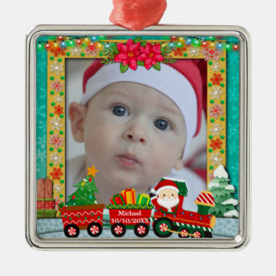 Santa Claus in Train and Christmas Cute Photo Metal Ornament