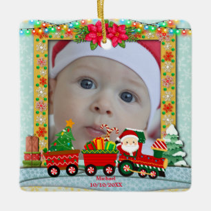 Santa Claus in Train with Gifts and Christmas Tree Ceramic Ornament