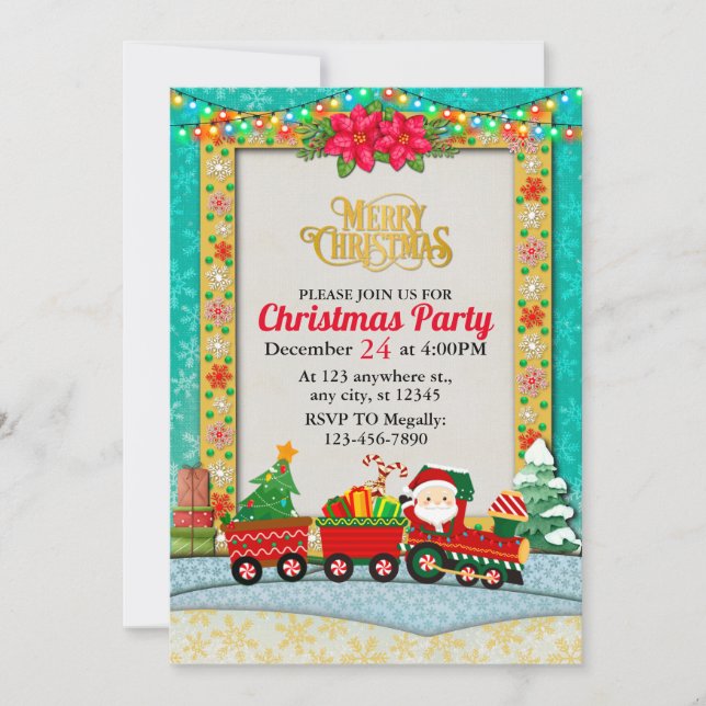 Santa Claus in Train with Gifts and Christmas Tree Holiday Card (Front)