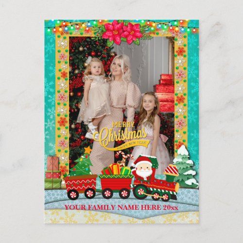 Santa Claus in Train with Gifts and Christmas Tree Holiday Postcard