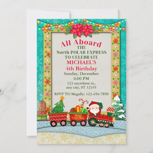 Santa Claus in Train with Gifts and Christmas Tree Invitation