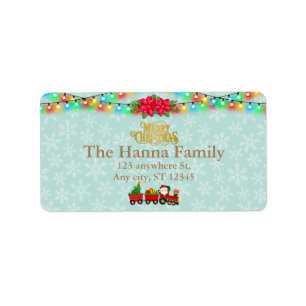 Santa Claus in Train with Gifts and Christmas Tree Label