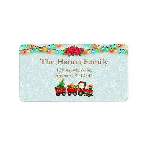 Santa Claus in Train with Gifts and Christmas Tree Label