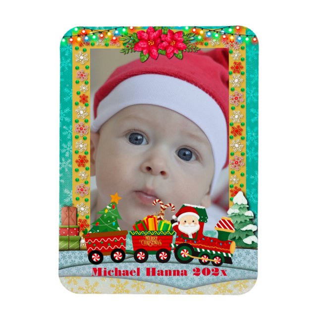 Santa Claus in Train with Gifts and Christmas Tree Magnet (Vertical)