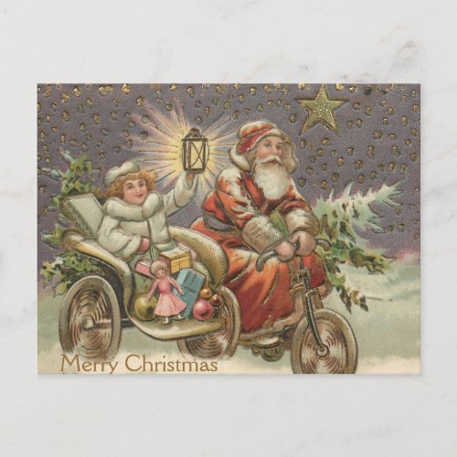 Santa Claus in Vintage Motorcycle Merry Christmas Postcard
