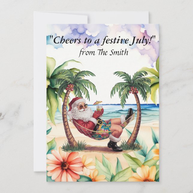 Santa Claus is at the beach for Christmas in July  Holiday Card (Front)