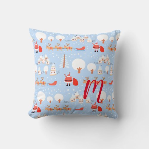 Santa Claus is Coming w Reindeer Monogram Throw Pillow