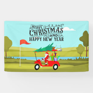 Santa Claus is golfing on Christmas Holiday Banner