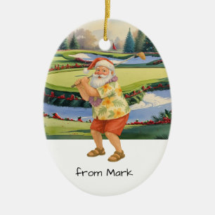 Santa Claus is golfing on golf course at Baunker Ceramic Ornament