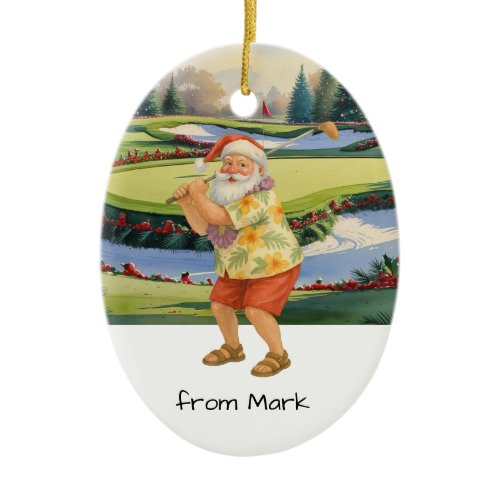 Santa Claus is golfing on golf course at Baunker Ceramic Ornament