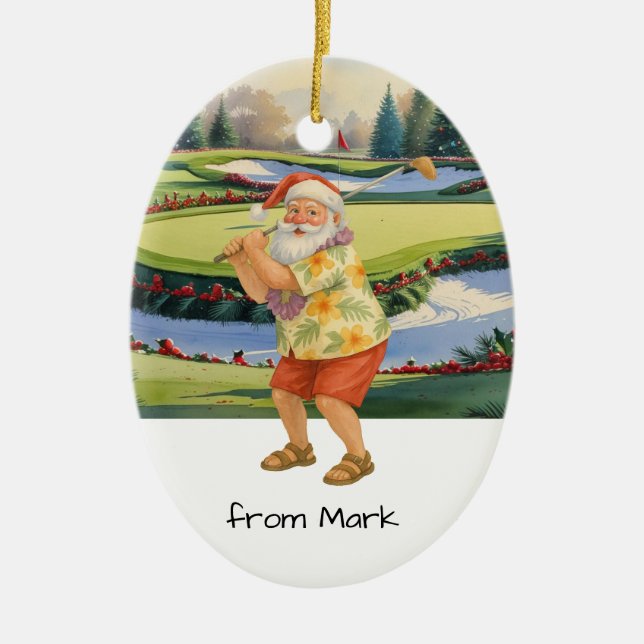 Santa Claus is golfing on golf course at Baunker Ceramic Ornament (Front)
