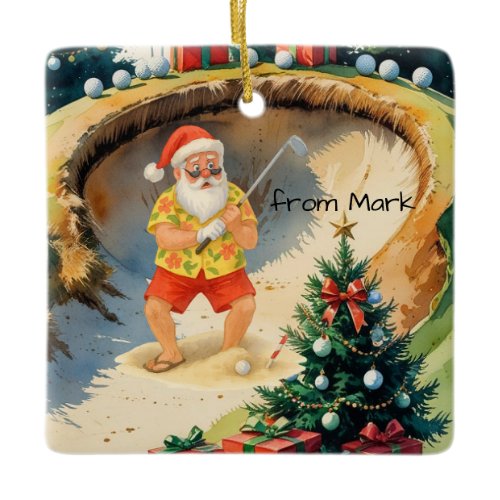 Santa Claus is golfing on golf course at Baunker Ceramic Ornament