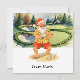 Santa Claus is golfing on golf course at Baunker Holiday Card