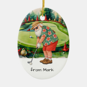 Santa Claus is golfing on golf course background Ceramic Ornament