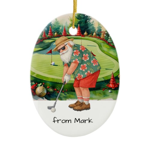 Santa Claus is golfing on golf course background Ceramic Ornament