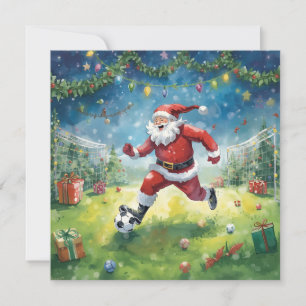 Santa Claus is playing soccer in Christmas Field  Card