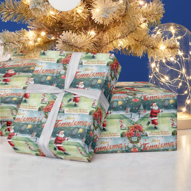 Santa Claus is playing tennis Christmas Holiday  Wrapping Paper (Holidays)