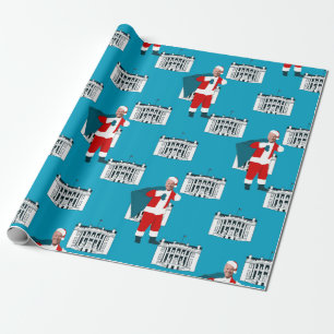 santa claus joe biden blue xmas white house wrapping paper