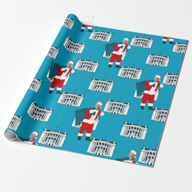 santa claus joe biden blue xmas white house wrapping paper (Unrolled)