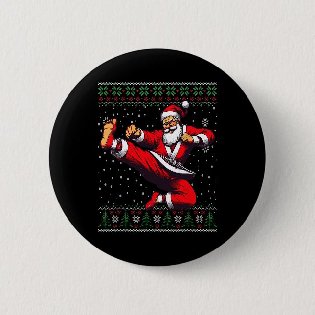 Santa Claus Karate Martial Arts Ugly Christmas Swe Button (Front)