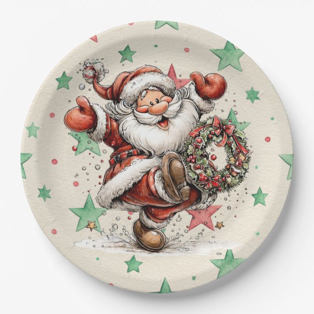 Santa Claus Kicking A Christmas Wreath Paper Plates (Front)