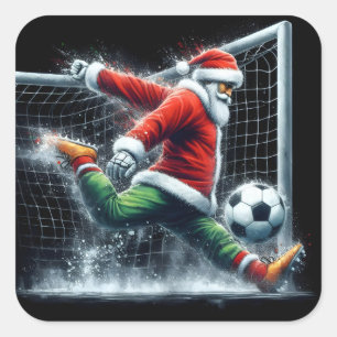 Santa Claus Kicks a Soccer Ball in Winter Fun Square Sticker