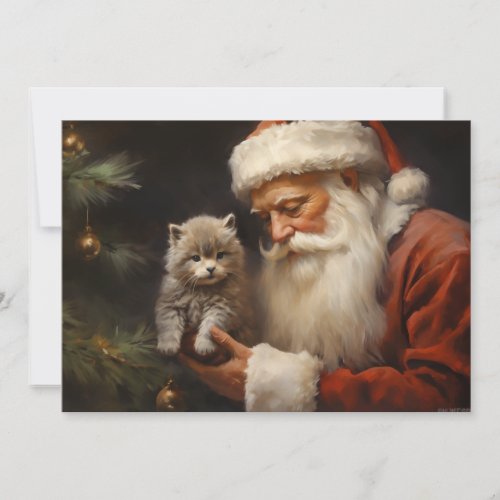 Santa Claus Kitten Cat Merry Christmas Holiday Card