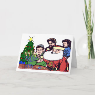 Santa Claus Lighting The Menorah - Xmas Chanukah Holiday Card