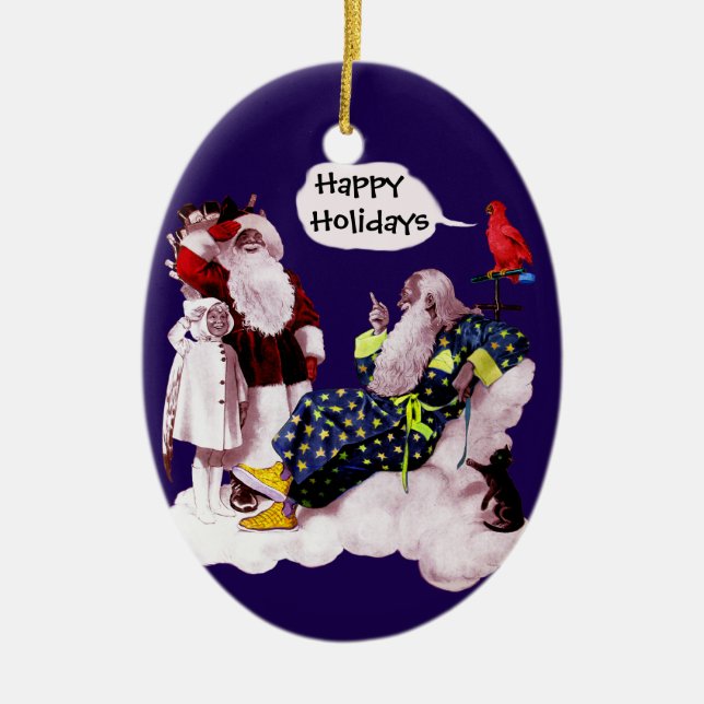 SANTA CLAUS, LITTLE ANGEL & MERLIN Christmas Party Ceramic Ornament (Front)
