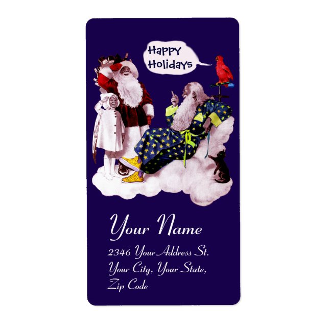 SANTA CLAUS,LITTLE ANGEL& MERLIN Christmas Party Label (Front)