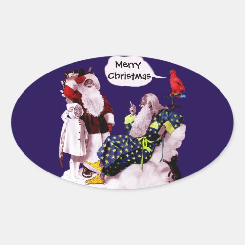 SANTA CLAUSLITTLE ANGEL MERLIN Christmas Party Oval Sticker