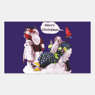 SANTA CLAUS,LITTLE ANGEL& MERLIN Christmas Party Rectangular Sticker