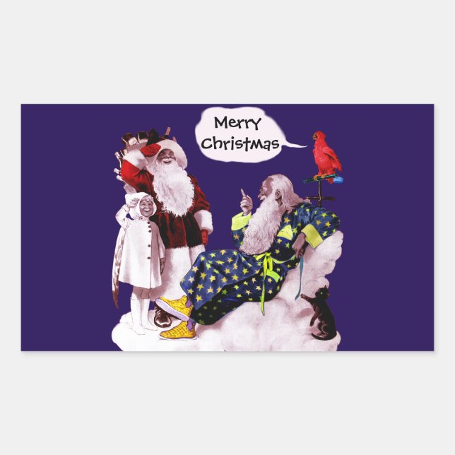 SANTA CLAUS,LITTLE ANGEL& MERLIN Christmas Party Rectangular Sticker (Front)