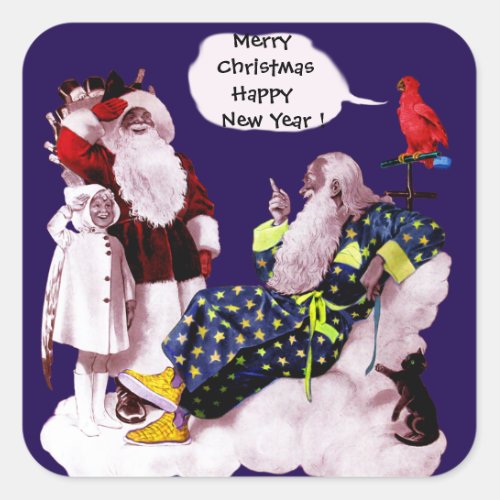 SANTA CLAUSLITTLE ANGEL MERLIN Christmas Party Square Sticker
