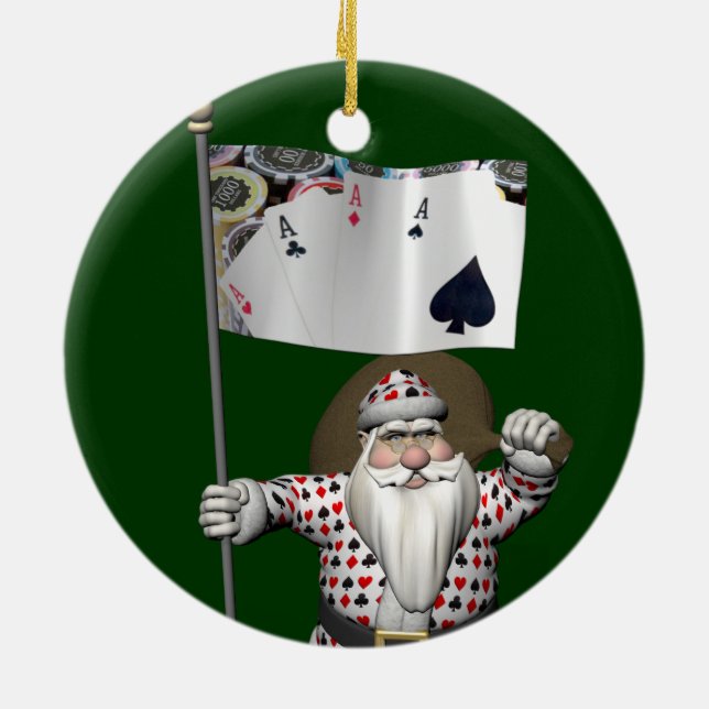 Santa Claus Loves Playing  Poker Ceramic Ornament (Back)
