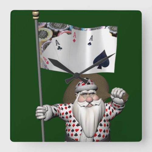 Santa Claus Loves Playing  Poker Square Wall Clock
