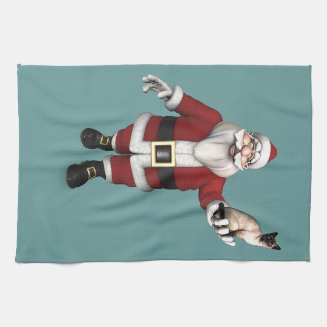 Santa Claus Loves Siamese Cats Kitchen Towel (Horizontal)