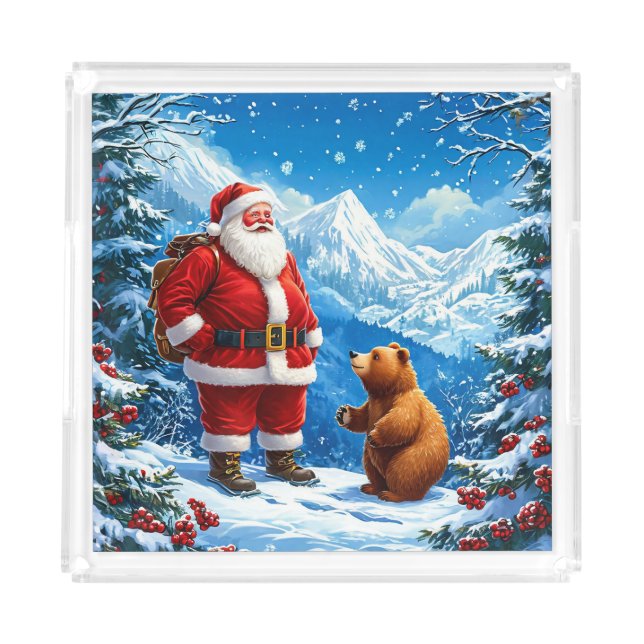 Santa Claus Meets Friendly Bear in Snowy Mountain Acrylic Tray (Front)