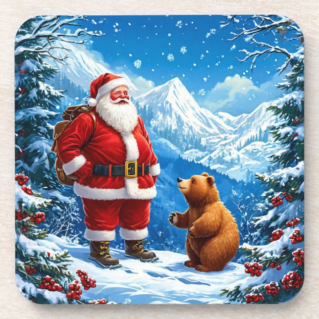 Santa Claus Meets Friendly Bear in Snowy Mountain Beverage Coaster (Front)