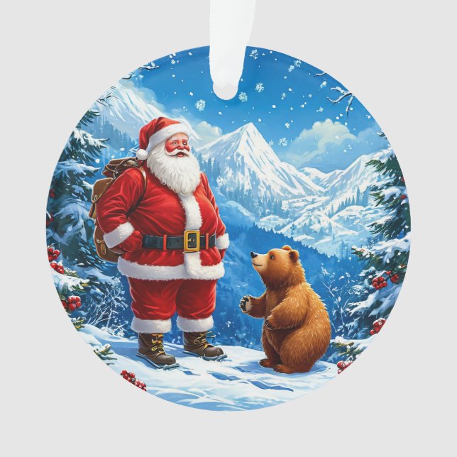 Santa Claus Meets Friendly Bear in Snowy Mountain Ornament (Front)