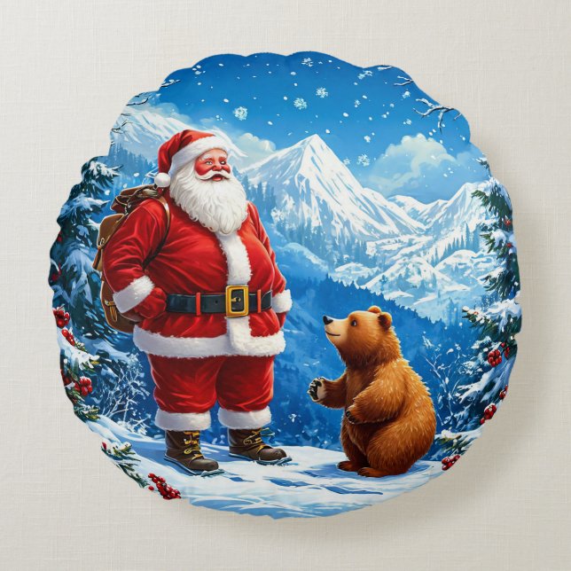 Santa Claus Meets Friendly Bear in Snowy Mountain Round Pillow (Front)
