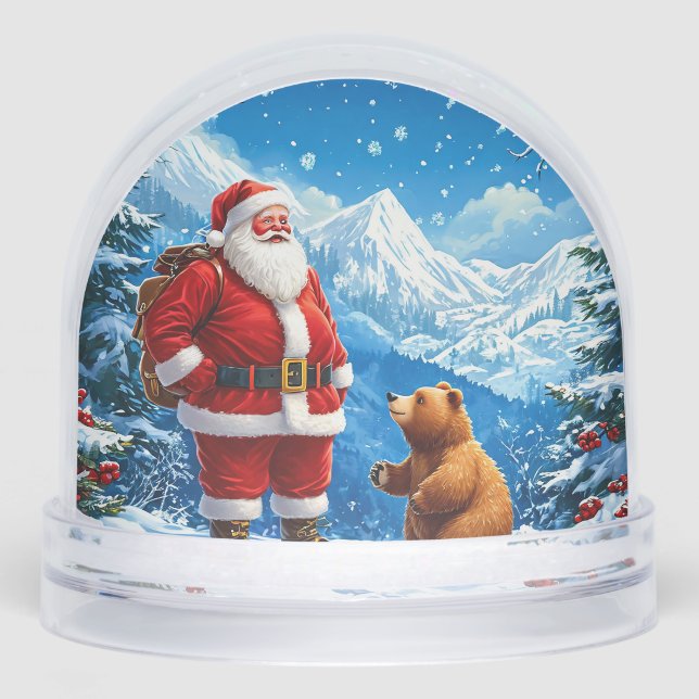 Santa Claus Meets Friendly Bear in Snowy Mountain Snow Globe (Front)