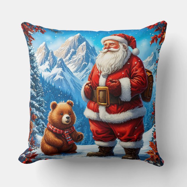 Santa Claus Meets Friendly Bear in Snowy Mountain Throw Pillow (Front)