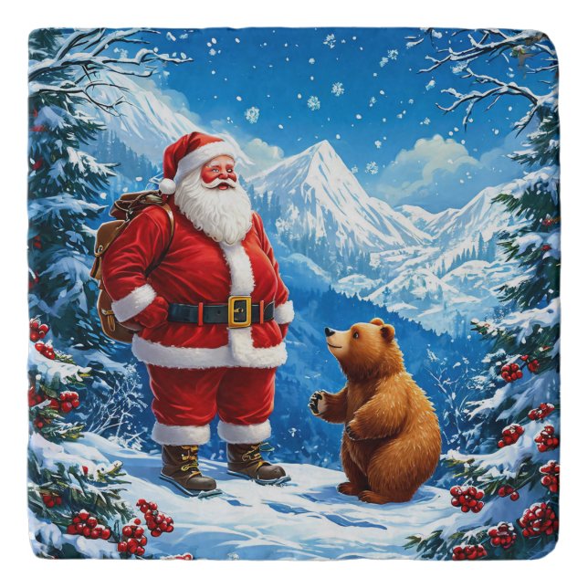 Santa Claus Meets Friendly Bear in Snowy Mountain Trivet (Front)