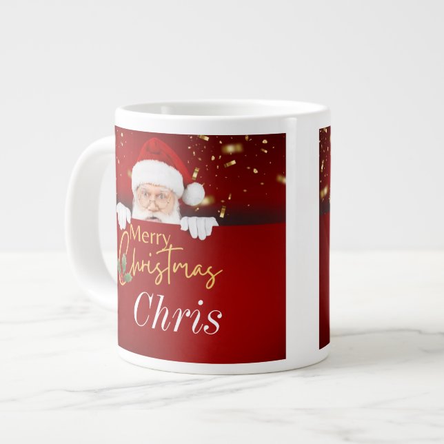 Santa Claus Merry Christmas Custom Name Both Sides Giant Coffee Mug (Front Left)