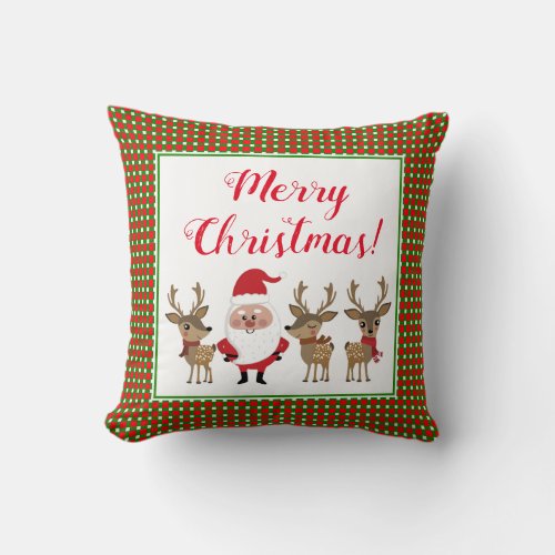 Santa Claus Merry Christmas Plaid Red Green Throw Pillow