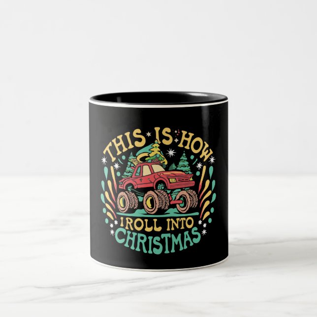 Santa Claus Monster Truck Boys Xmas Christmas Two-Tone Coffee Mug (Center)